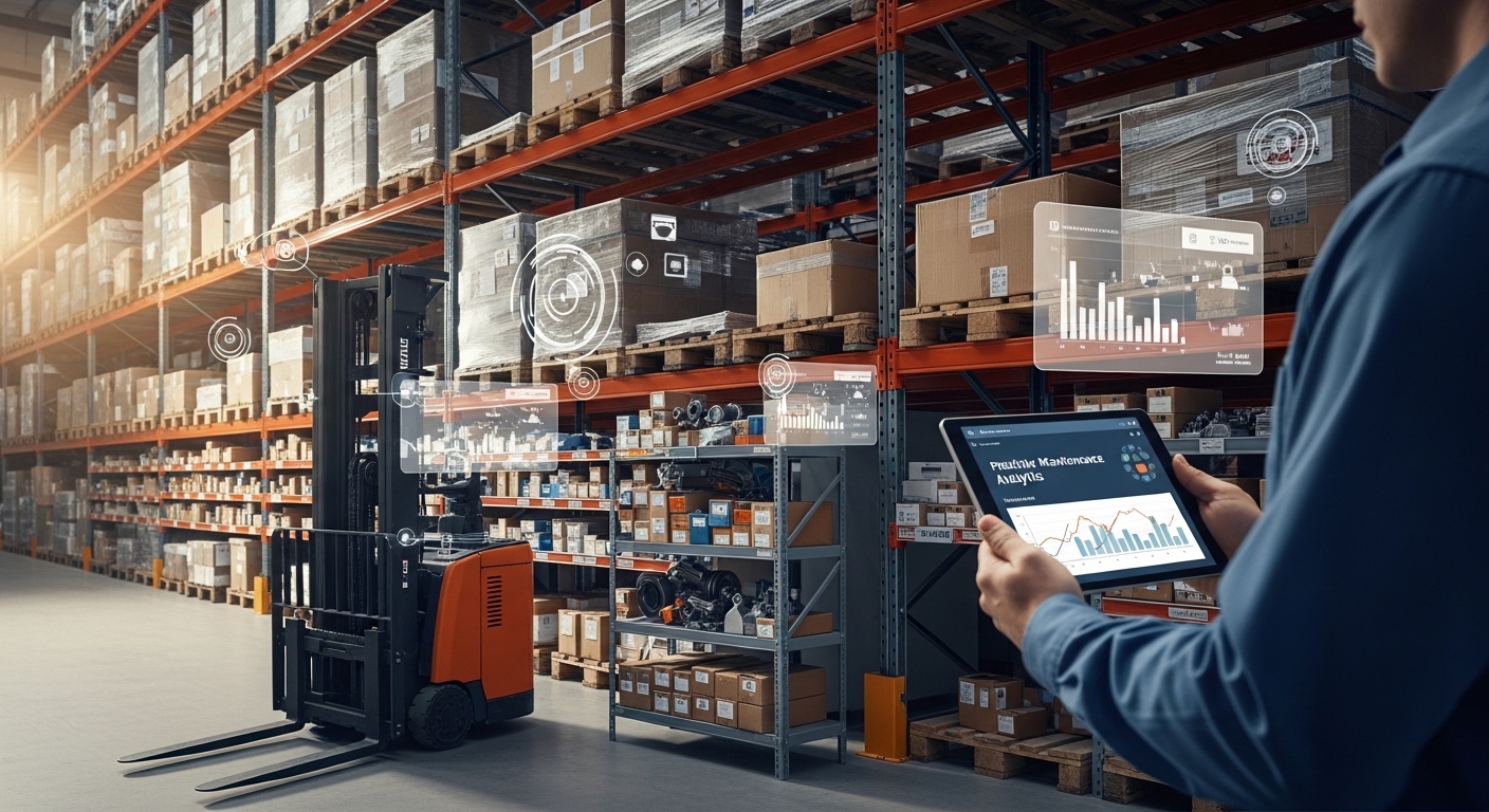 Técnico em armazém inteligente verifica manutenção preditiva de empilhadeira