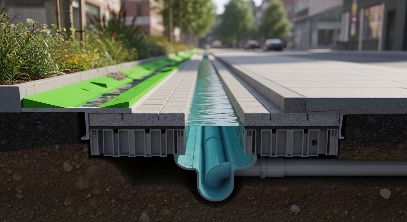 Seção de rua com pavimento permeável e módulos de drenagem urbana