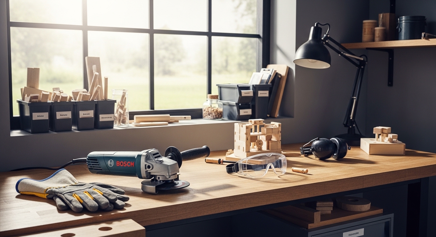 Mini oficina doméstica organizada com esmerilhadeira Bosch, EPIs e materiais
