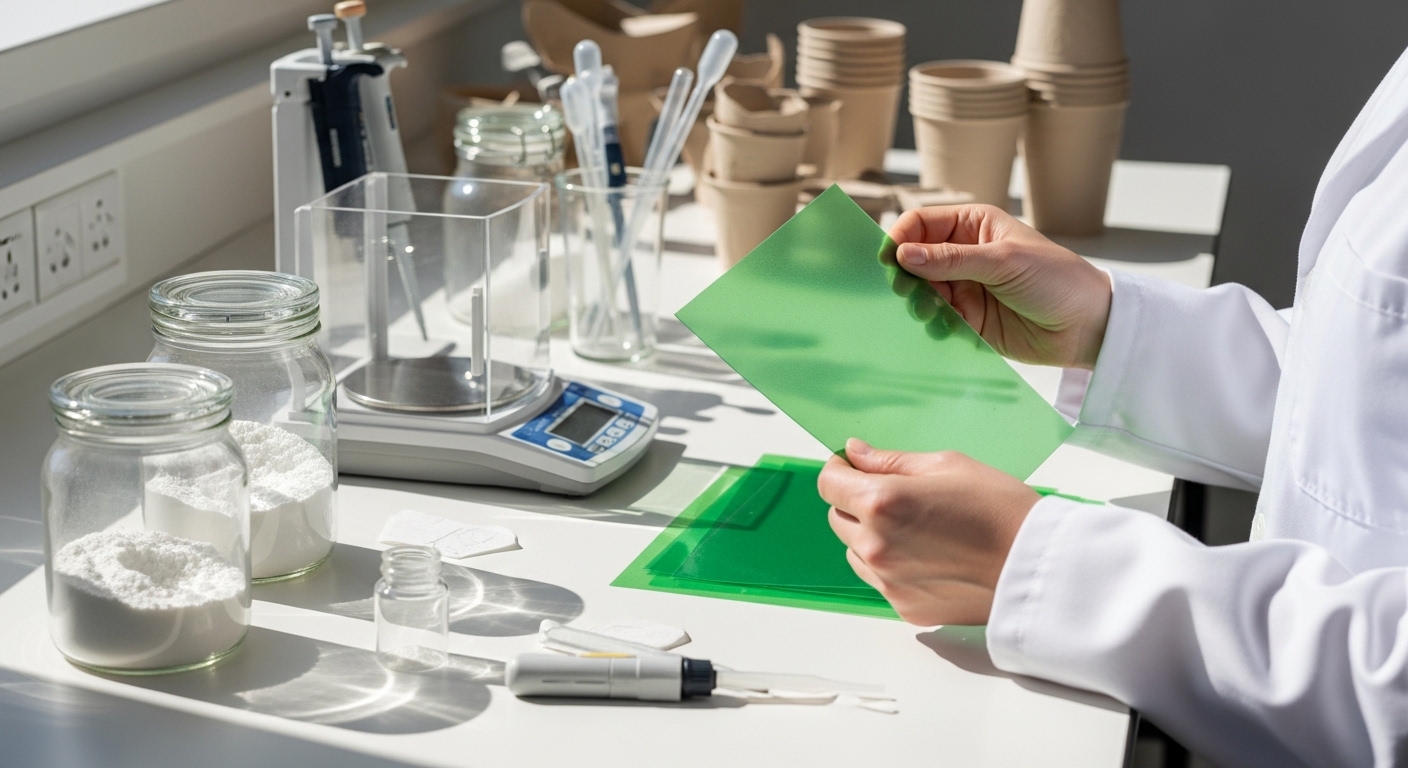 Cientista testando bioplástico de amido em bancada de laboratório