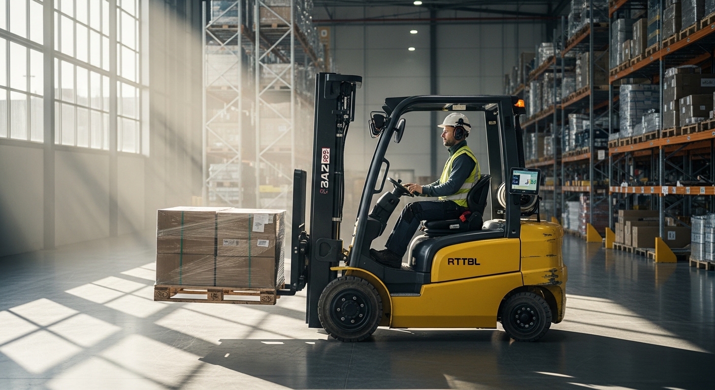 Empilhadeira em operação em galpão logístico representando modelo usar em vez de comprar