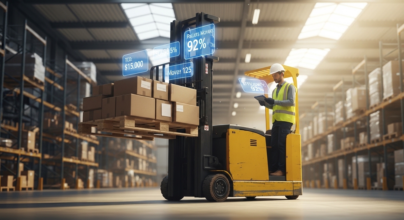 Empilhadeira elétrica moderna em operação em um centro de distribuição iluminado por luz natural