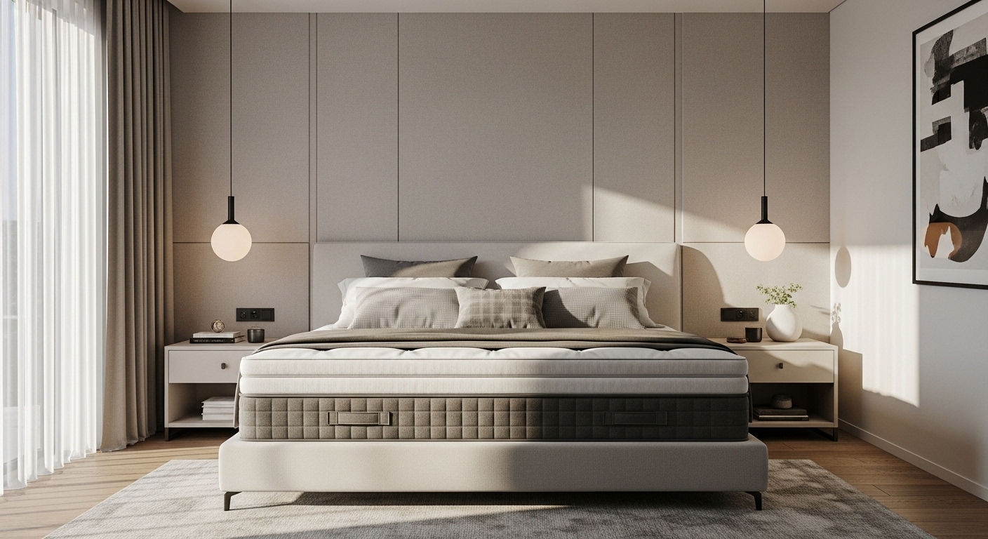 Quarto de casal moderno com cama king size e iluminação suave