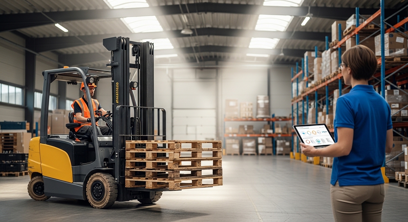 Empilhadeira elétrica em um armazém moderno movimentando pallets sob luz natural