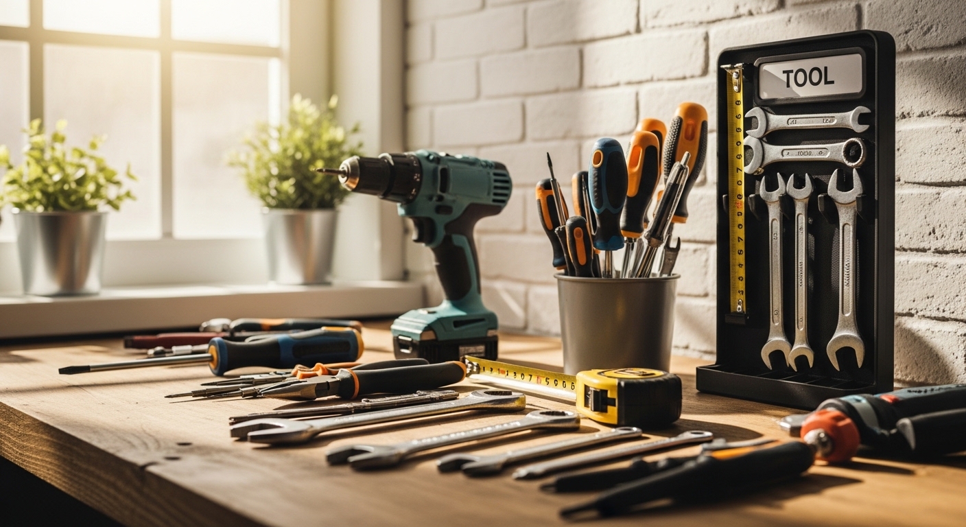 Kit de ferramentas DIY organizado em bancada iluminada