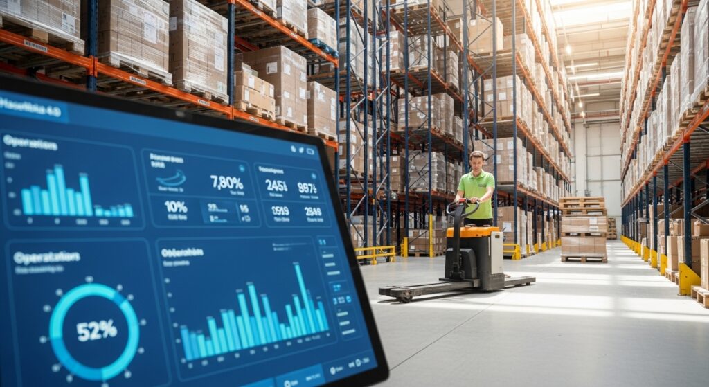 Operação de fulfillment inteligente em um armazém 4.0 com transpaleta elétrica e telas de métricas
