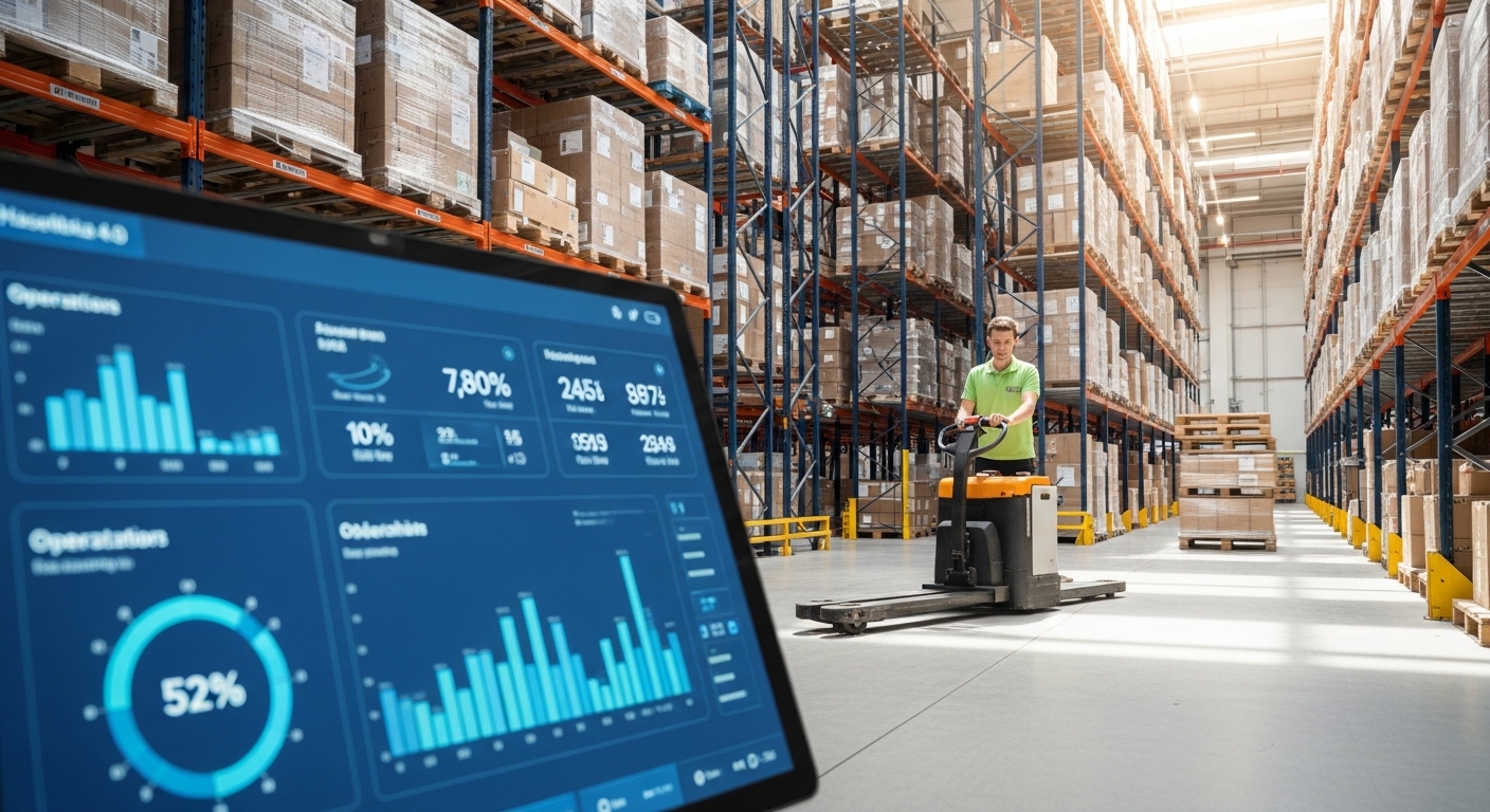 Operação de fulfillment inteligente em um armazém 4.0 com transpaleta elétrica e telas de métricas