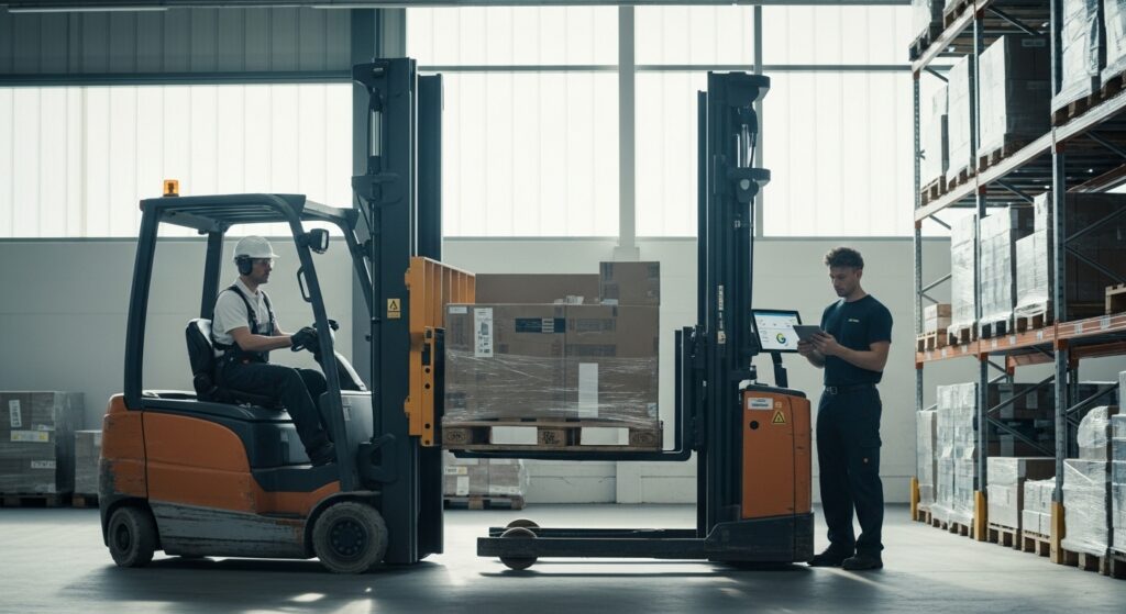 Empilhadeira com módulos ergonômicos operando em armazém moderno