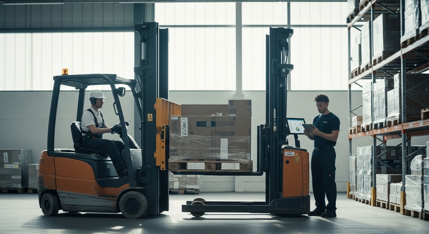 Empilhadeira com módulos ergonômicos operando em armazém moderno