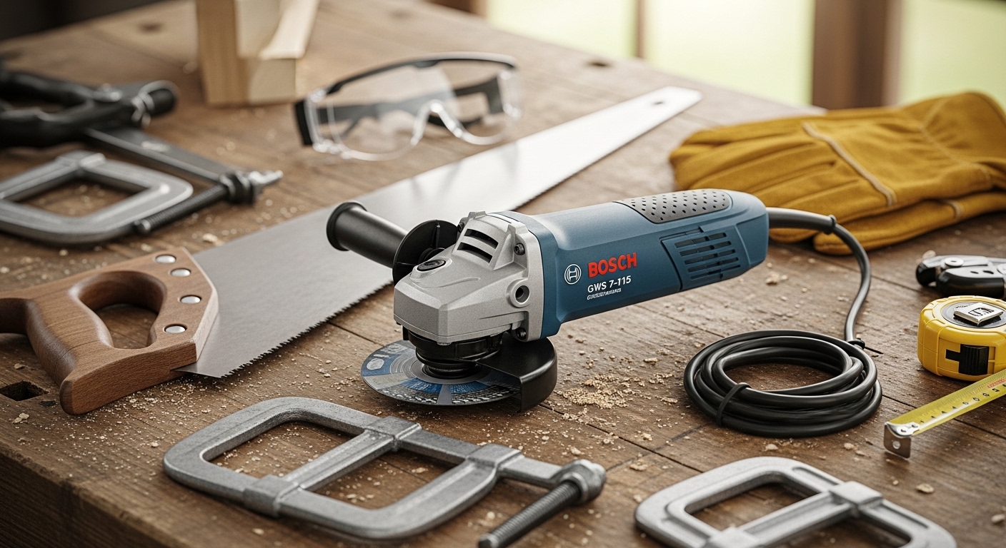 Oficina maker caseira compacta com esmerilhadeira Bosch e ferramentas