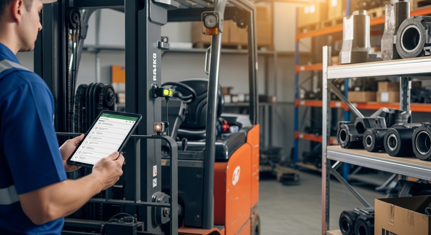 Técnico de manutenção verifica checklist digital em tablet ao lado de empilhadeira parada em armazém