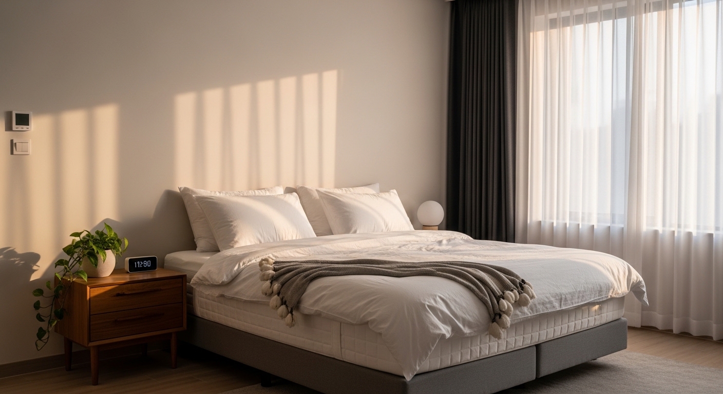 Quarto minimalista iluminado pela manhã com cama pronta para descanso