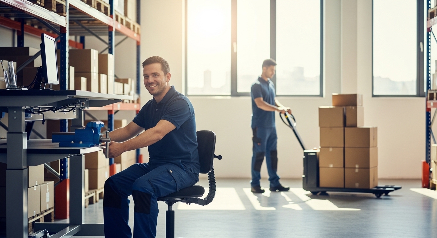 Funcionário ajustando bancada ergonômica e colega usando paleteira elétrica em estoque luminoso