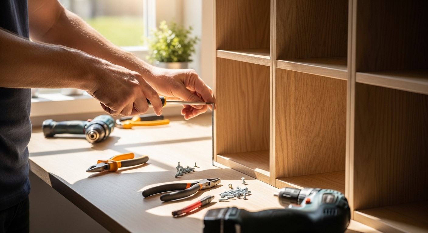 Mãos apertando parafuso em estante modular com ferramentas ao redor