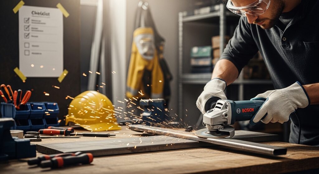 Pessoa usando esmerilhadeira Bosch para usinar metal em oficina maker com materiais reciclados