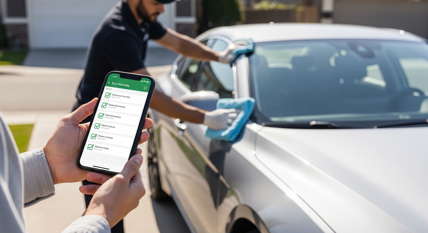 Pessoa usando smartphone para contratar lava jato a seco ao lado de carro limpo