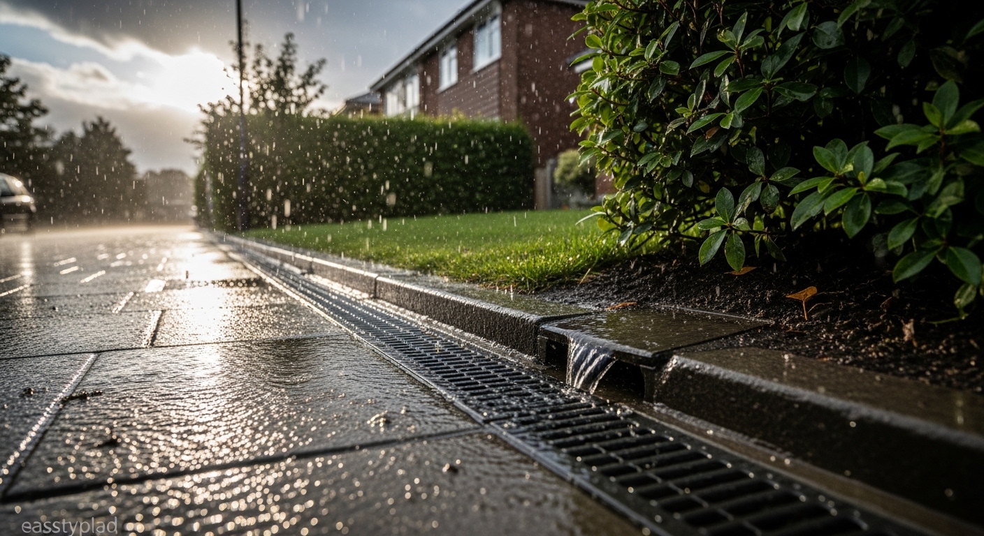Caixa de drenagem pluvial em calçada residencial durante chuva intensa