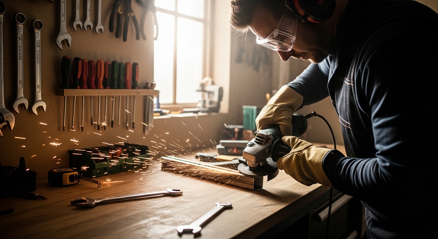 Pessoa usando esmerilhadeira em mini-oficina doméstica organizada
