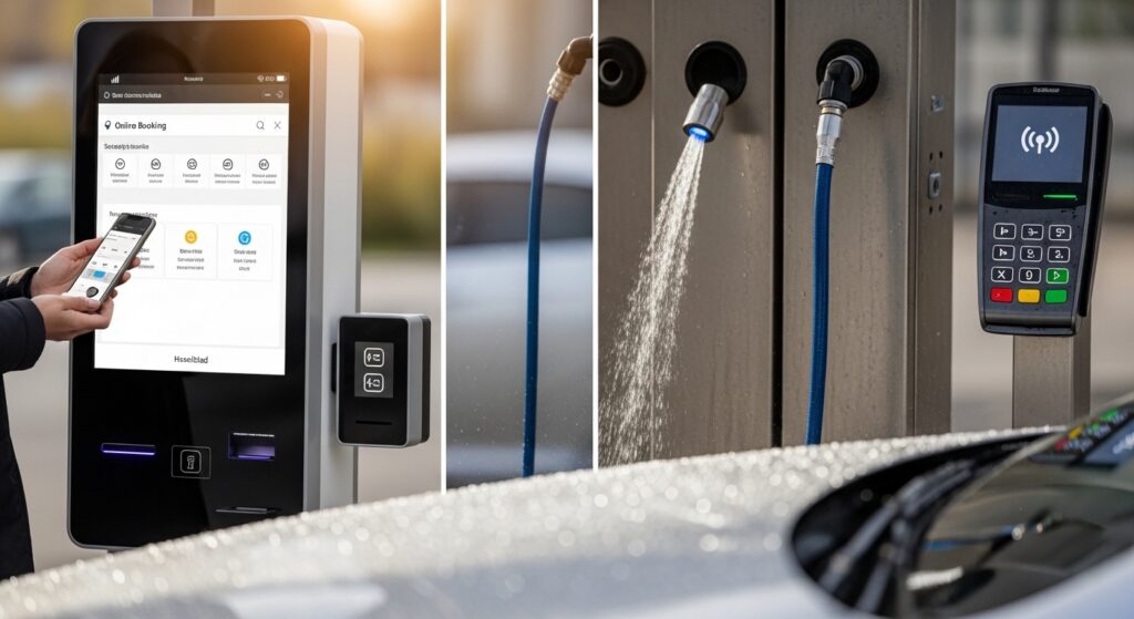 Cliente agendando lavagem de carro online com pagamento sem contato e sensor de água