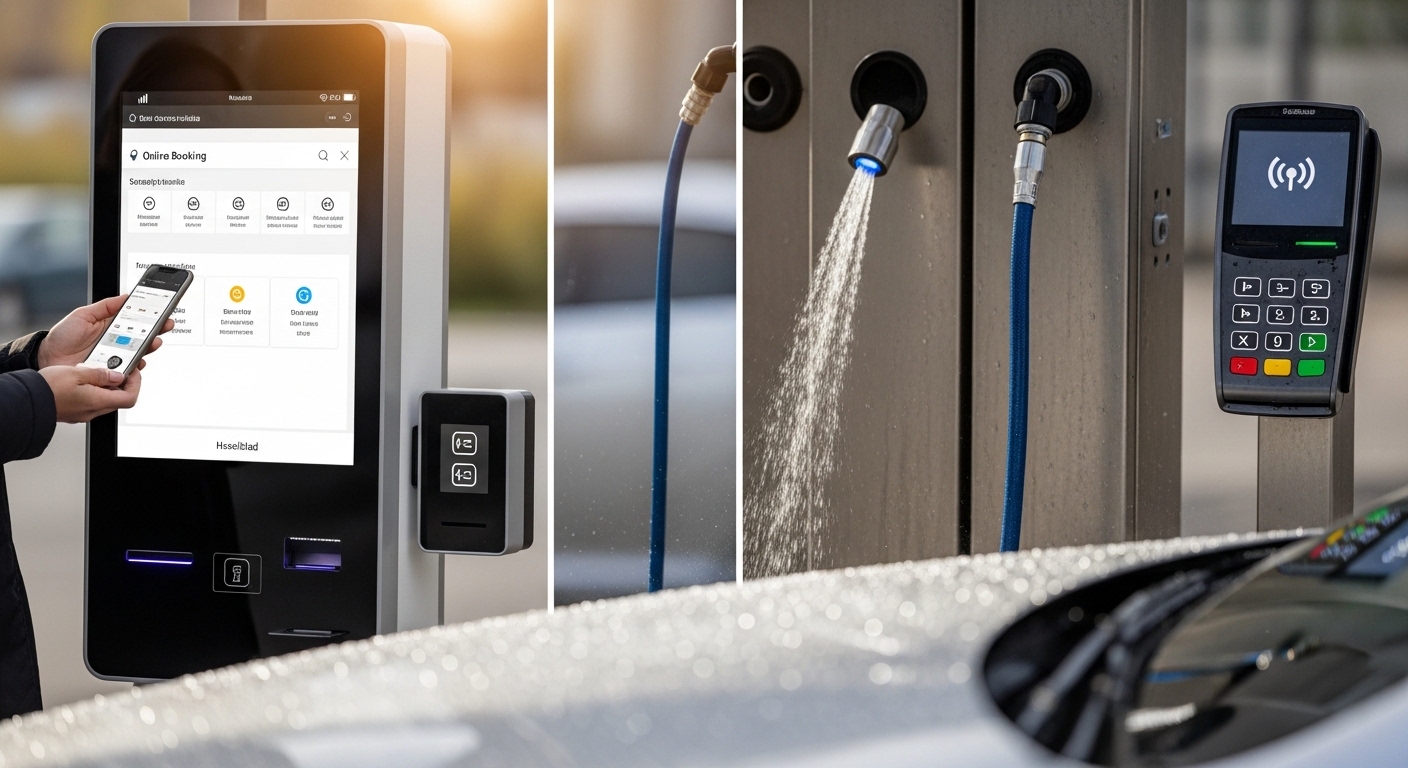 Cliente agendando lavagem de carro online com pagamento sem contato e sensor de água