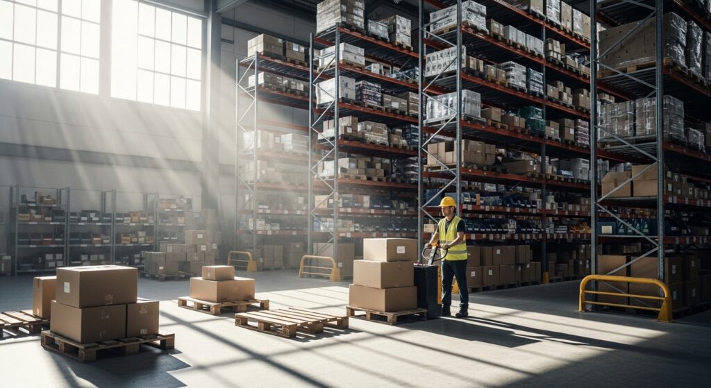 Operador de transpaleta elétrica movimentando caixas em armazém organizado