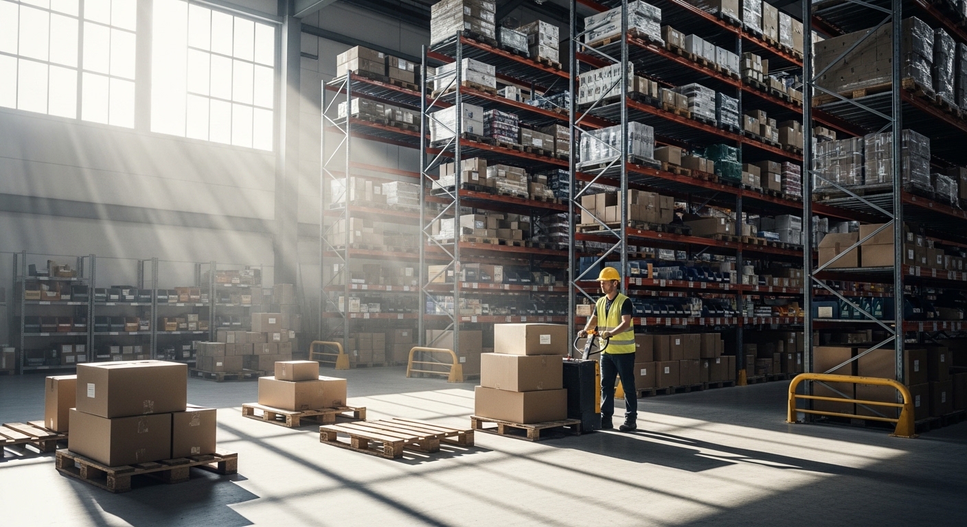 Operador de transpaleta elétrica movimentando caixas em armazém organizado