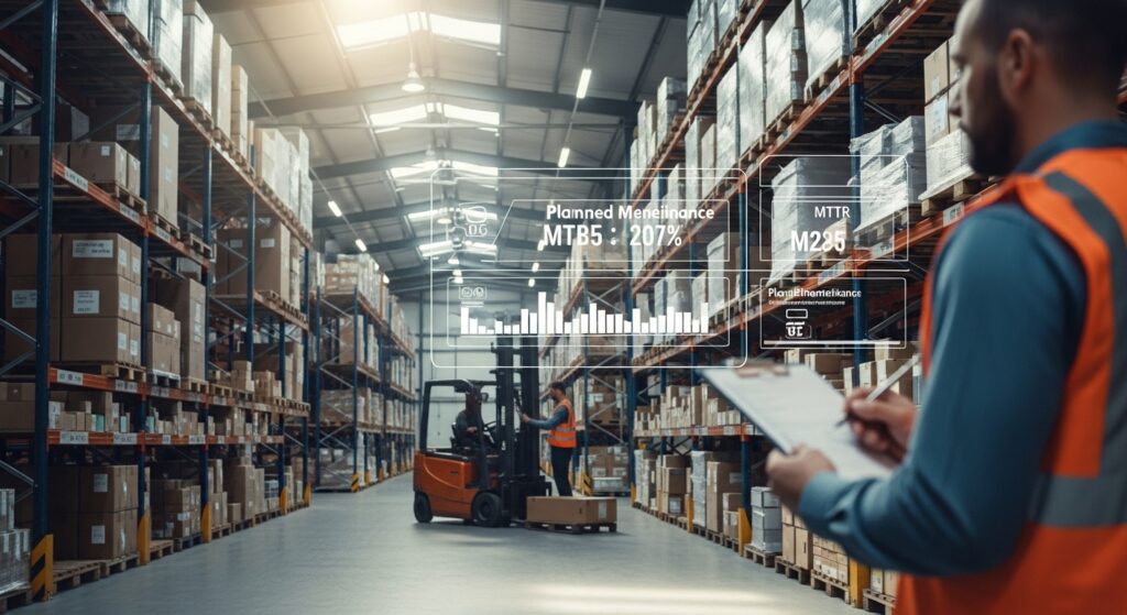 Supervisor de armazém com checklist e empilhadeira em manutenção