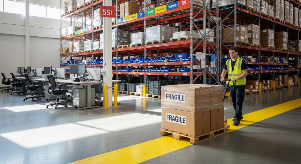 Operador usando transpaleteira manual em corredor de armazém organizado