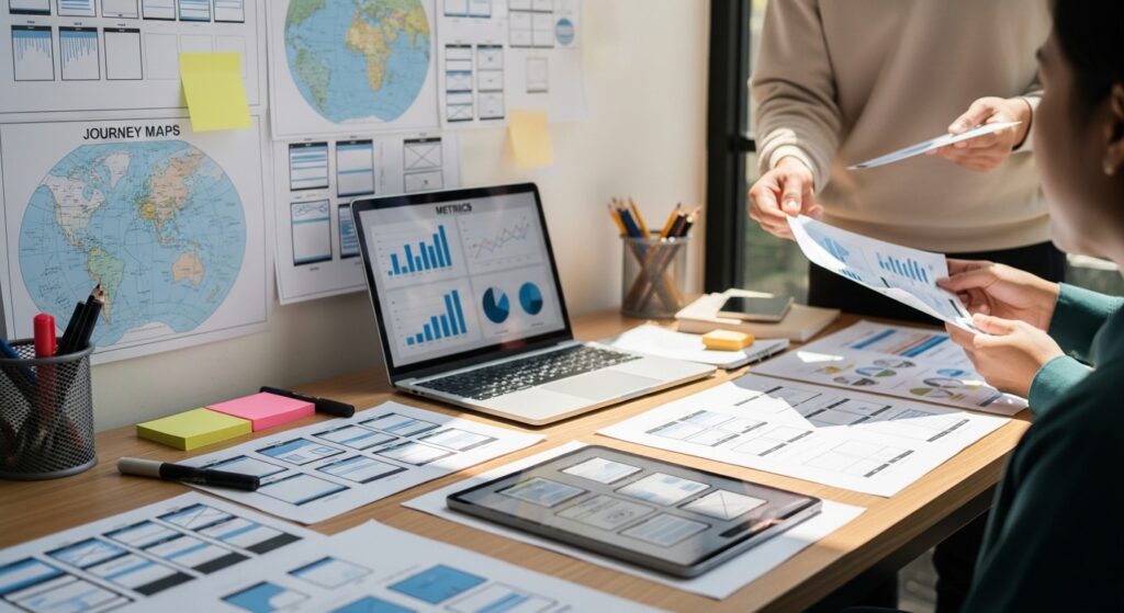 Mesa de trabalho de UX com esboços, protótipos e mapas de jornada