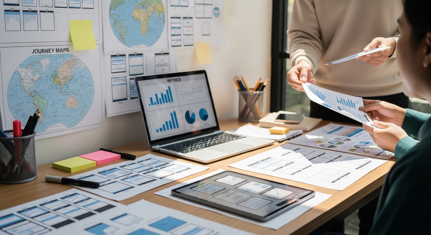 Mesa de trabalho de UX com esboços, protótipos e mapas de jornada