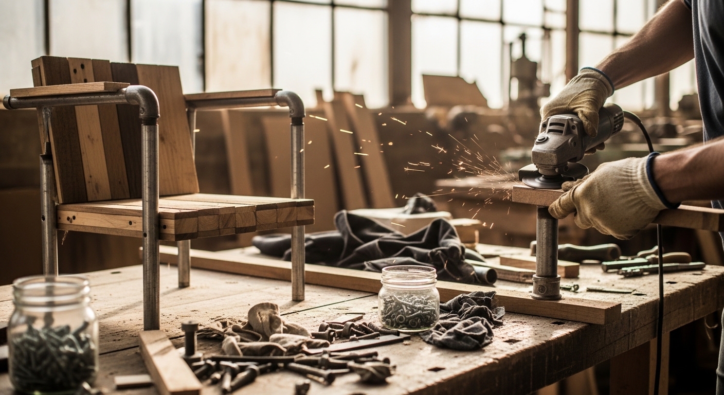 Artesão usando esmerilhadeira em oficina com móveis reaproveitados