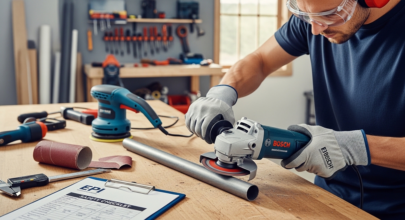 Mãos usando esmerilhadeira Bosch com EPIs em bancada de madeira