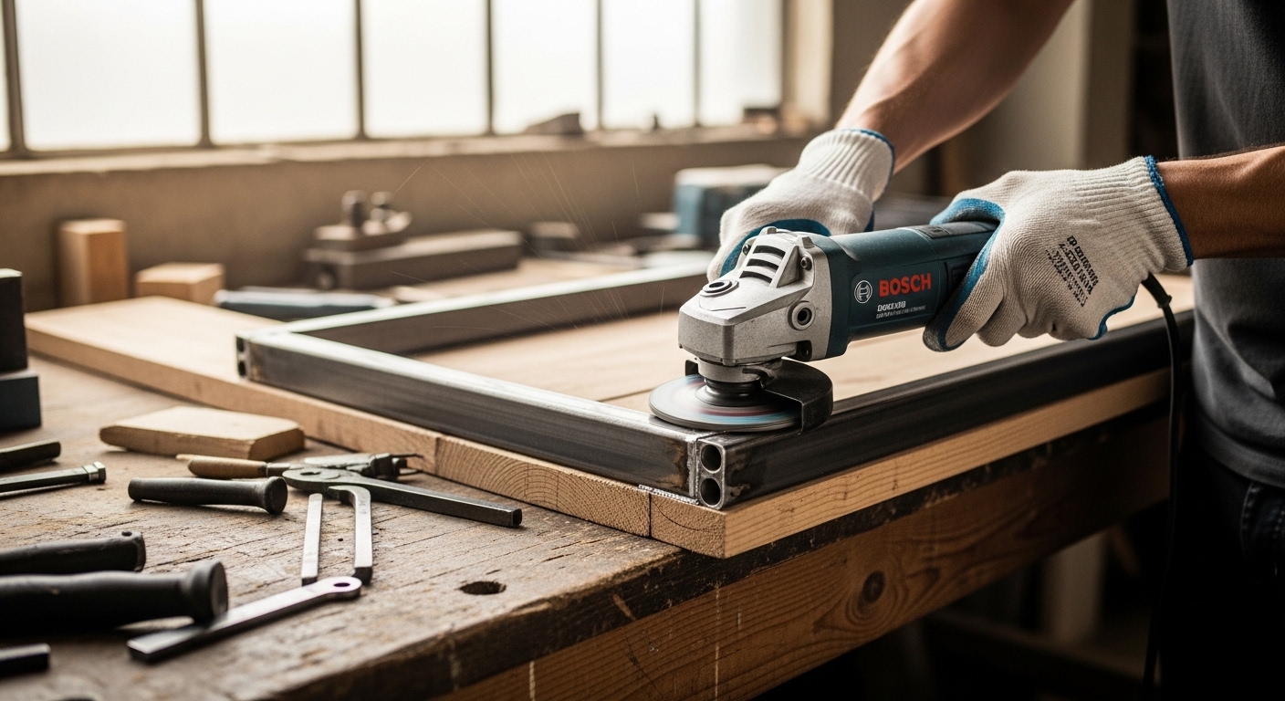 Mãos usando esmerilhadeira em metal e madeira em oficina com luz natural