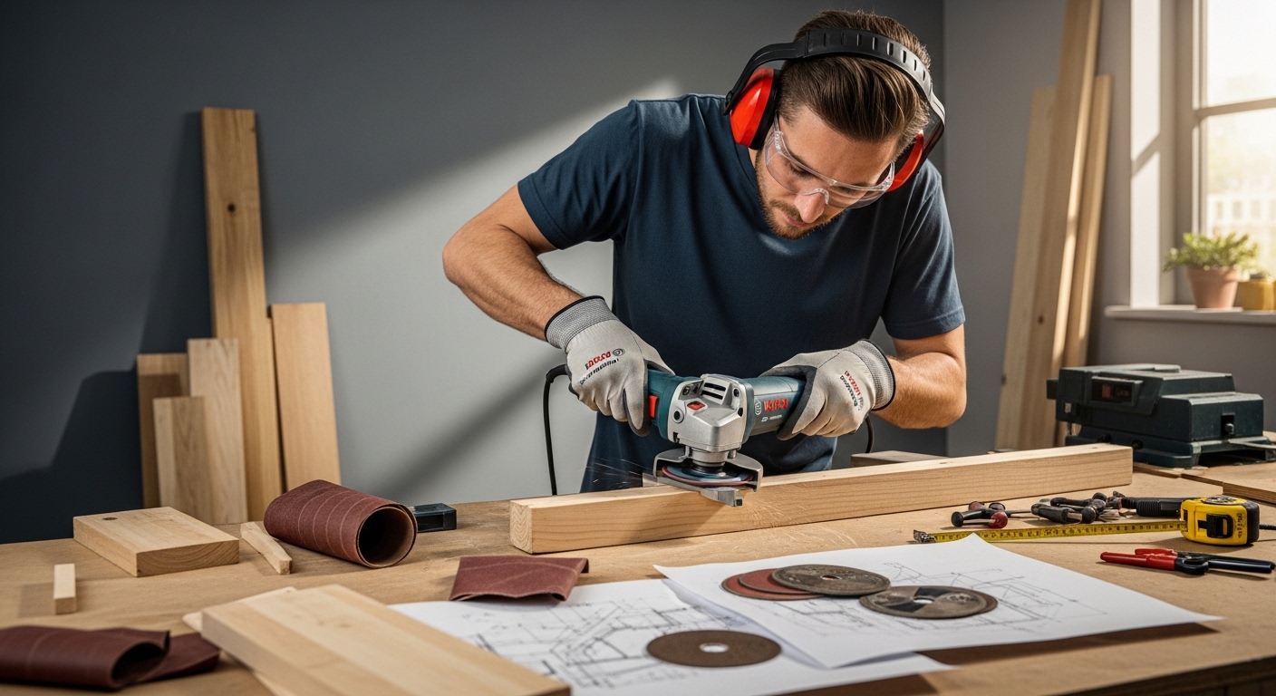 Maker usando esmerilhadeira Bosch em oficina caseira com EPIs