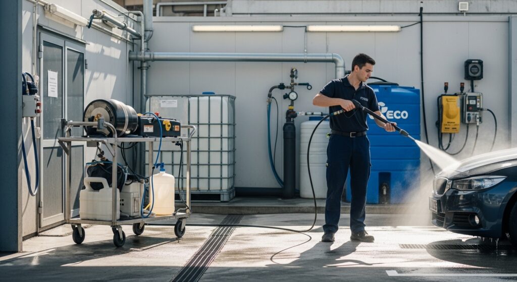 Lavagem de carro urbana com bico de alta pressão e sistema de reuso de água