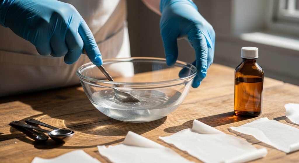 Mãos misturando amido e água para criar bioplástico caseiro