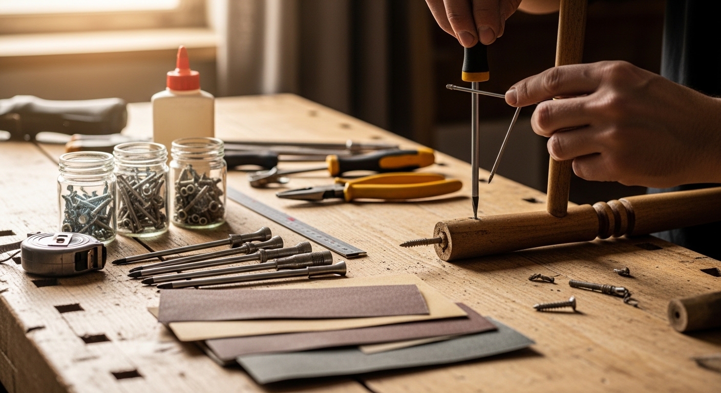 Kit de conserto e mãos ajustando parafuso em banco de madeira