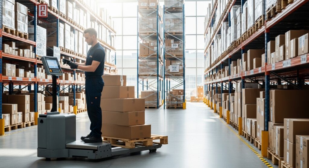 Operador usando transpaleta pesadora em estoque organizado
