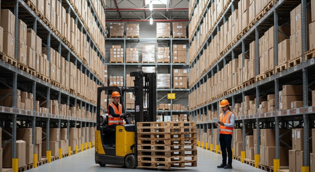 Empilhadeira movimentando paletes em armazém organizado