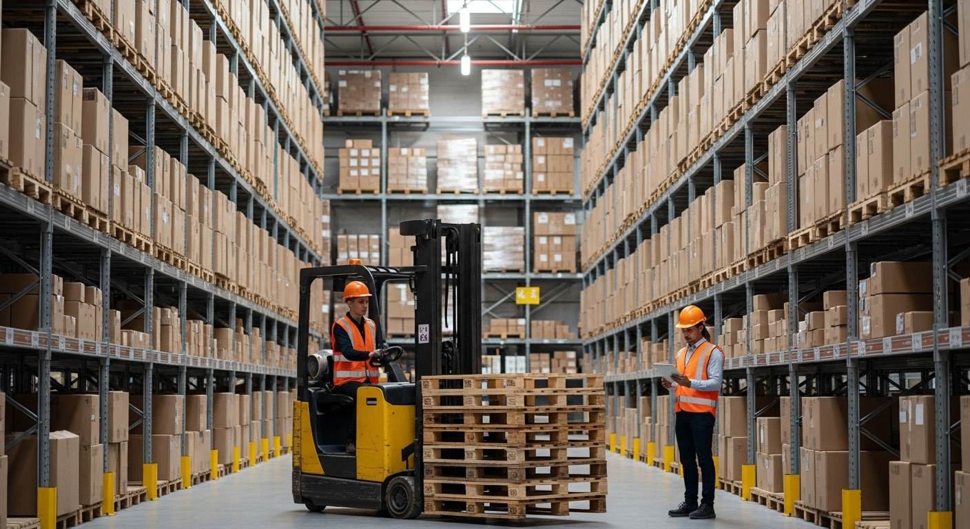 Empilhadeira movimentando paletes em armazém organizado