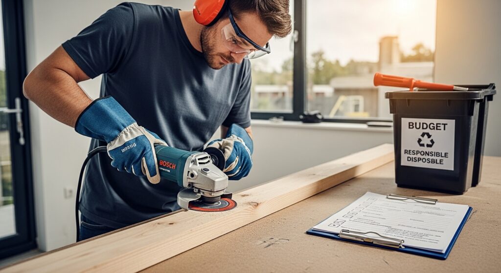Pessoa usando esmerilhadeira Bosch e checklist de segurança em reforma doméstica