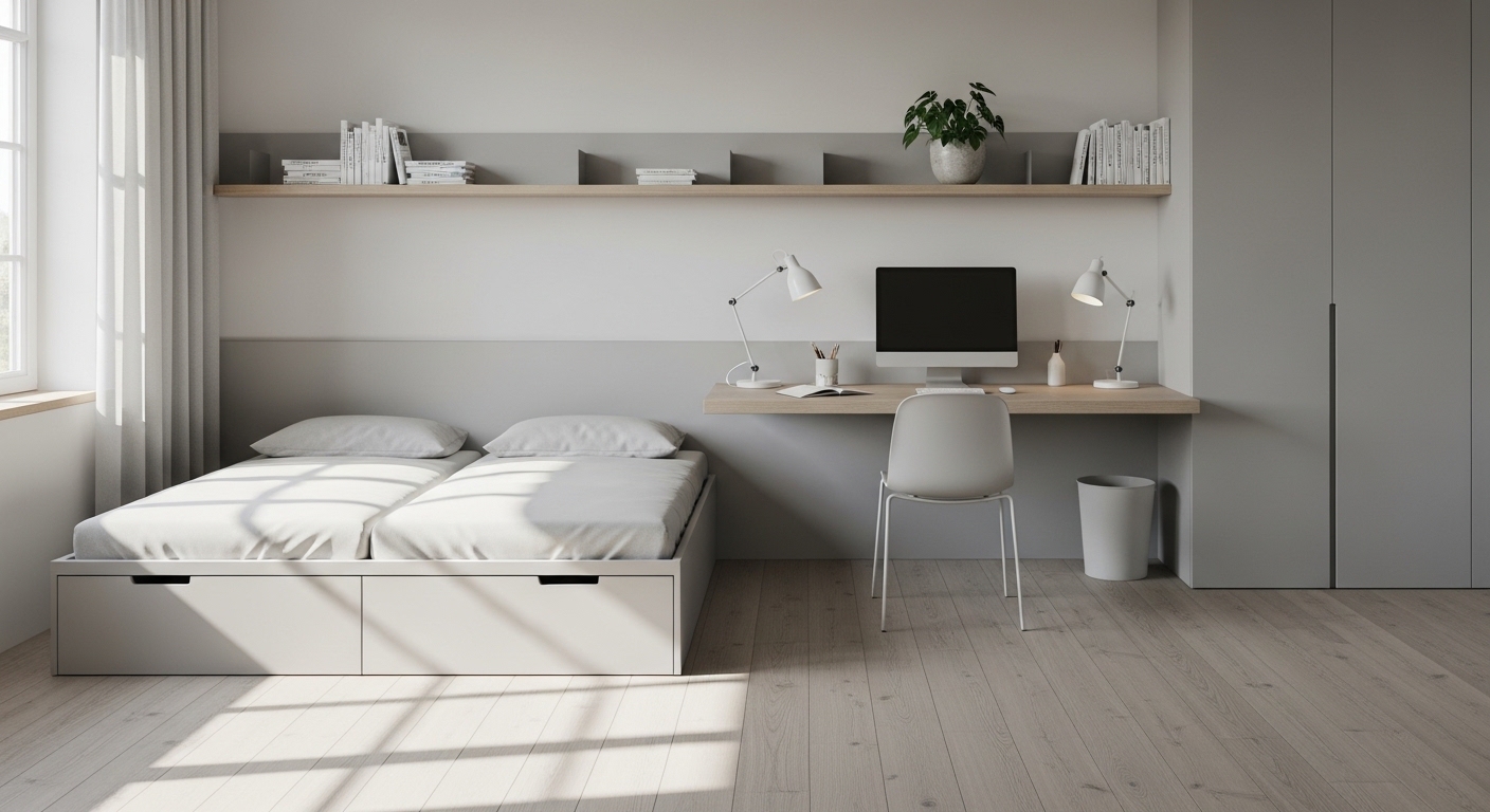 Quarto organizado com cama box, gavetas embutidas e luz natural