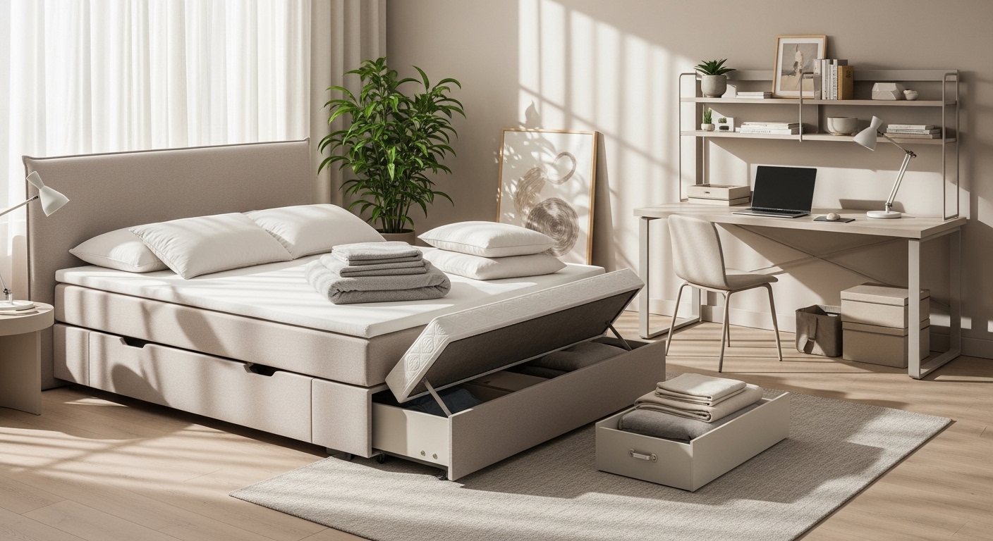 Quarto moderno com cama box com gavetas e espaço de trabalho organizado