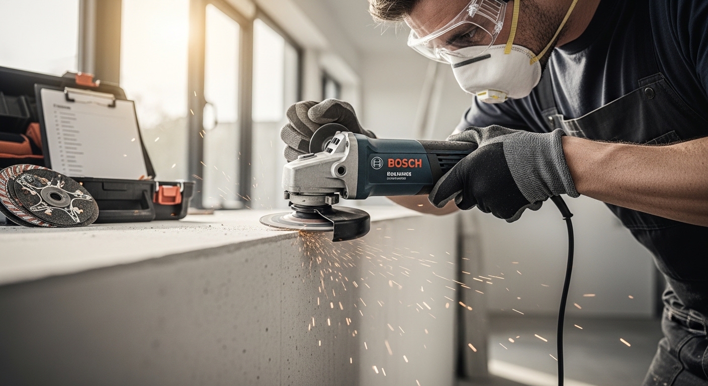 Operário com EPIs usando esmerilhadeira Bosch para acabamento em parede de reforma