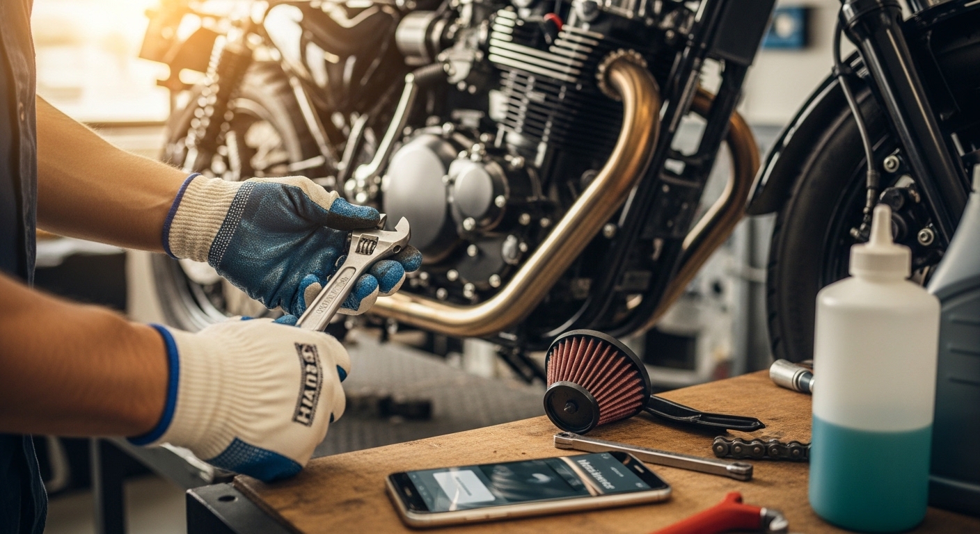 Pessoa realizando manutenção em moto com checklist DIY no smartphone