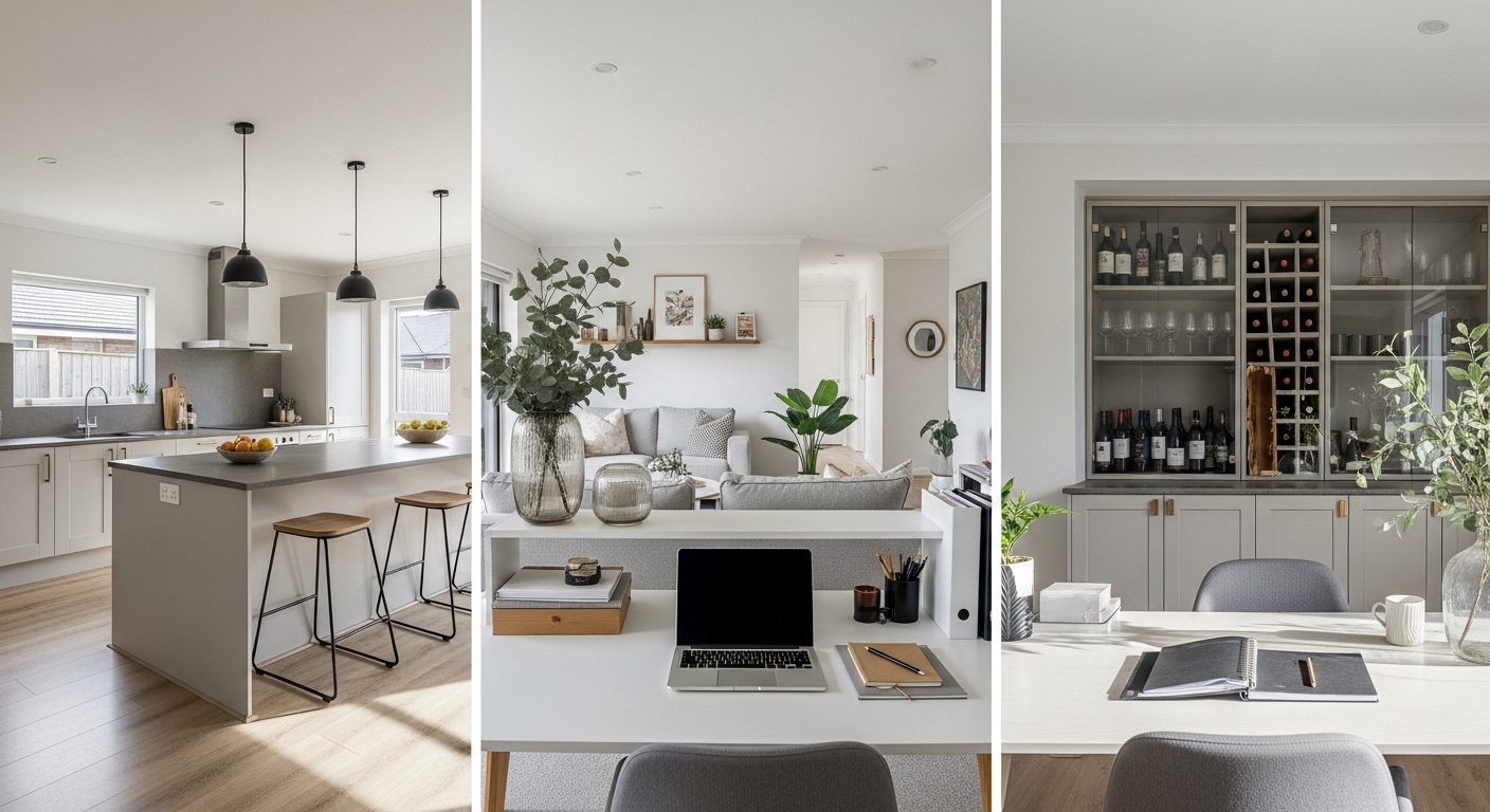 Casa moderna com zonas funcionais: cozinha, sala, escritório e adega organizada