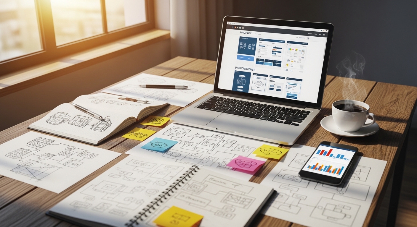 Mesa de trabalho com rascunhos, protótipos digitais e smartphone com gráficos de análise