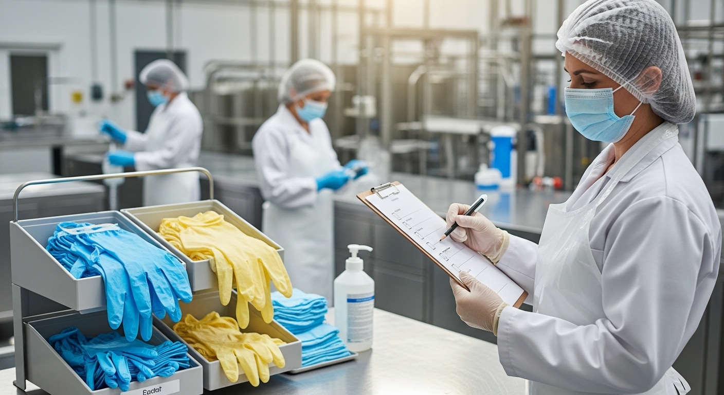 Supervisor e funcionário em linha de produção usando EPI e checklist de higiene