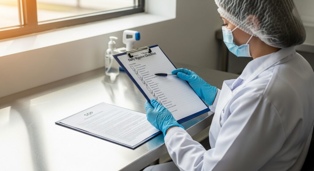 Técnico conferindo checklist diário de higiene em bancada limpa
