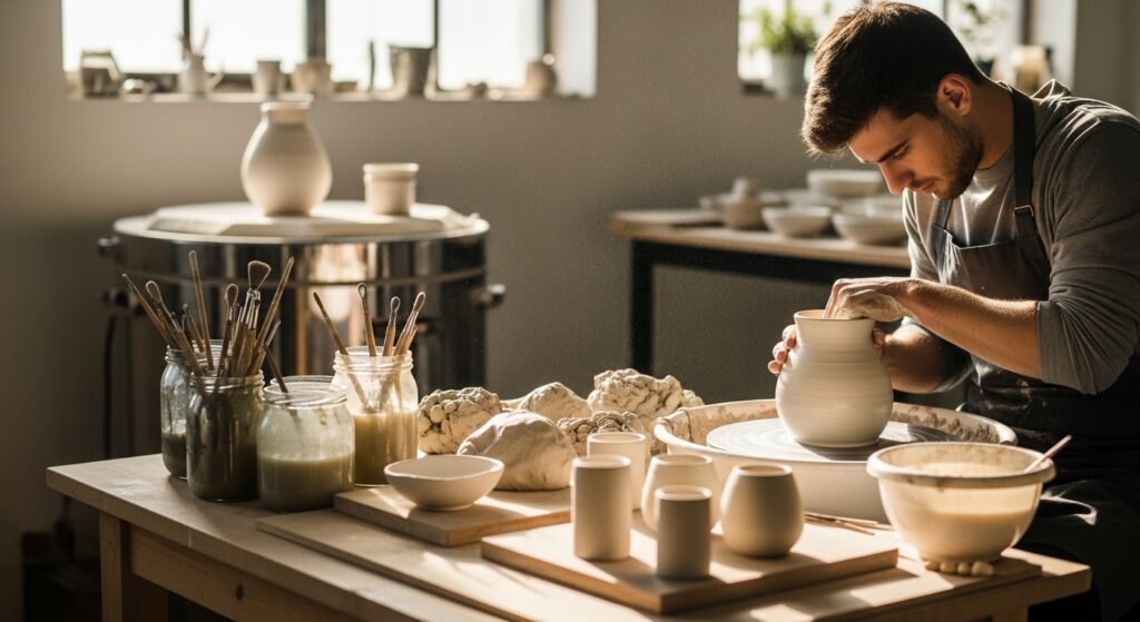 Artista moldando cerâmica artesanal em ateliê iluminado por luz natural